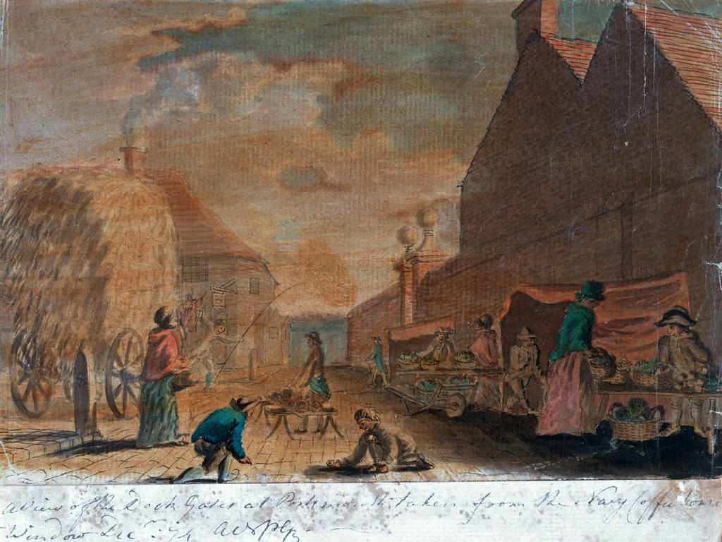 A watercolour, showing the outer wall of Portsmouth dockyard, with stalls, a hay cart, a tavern, and two men, possibly playing dice or jacks, December 1774