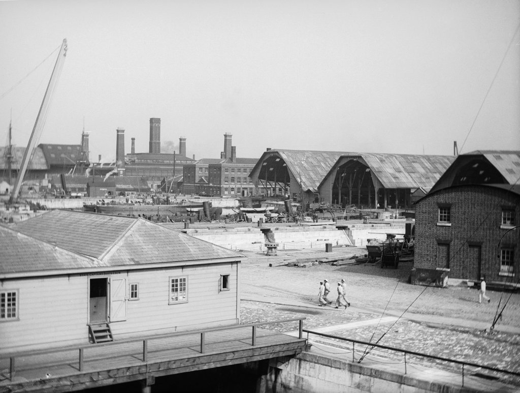 A photograph of dry docks at Portsmouth Dockyard, 1897