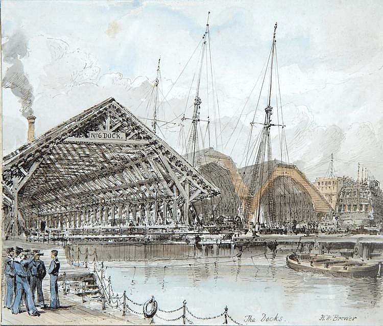 A pen and watercolour sketch of dry docks at Portsmouth Dockyard