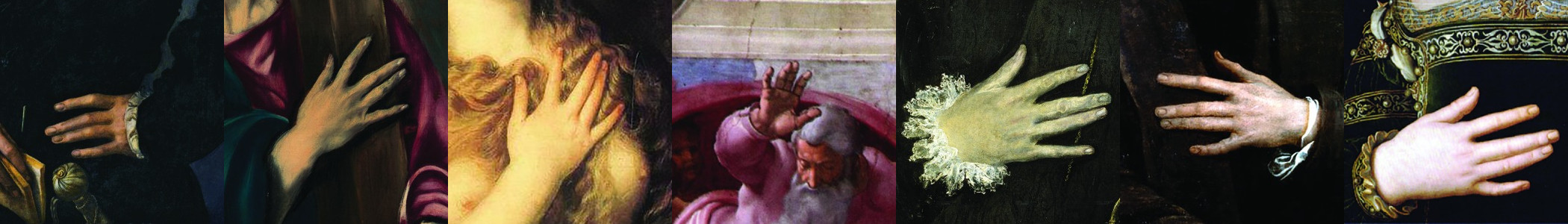 Details from six paintings, showing the same hand gesture