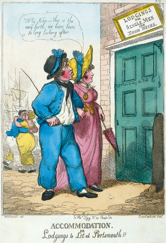 Satirical illustration of a man and woman outside a building